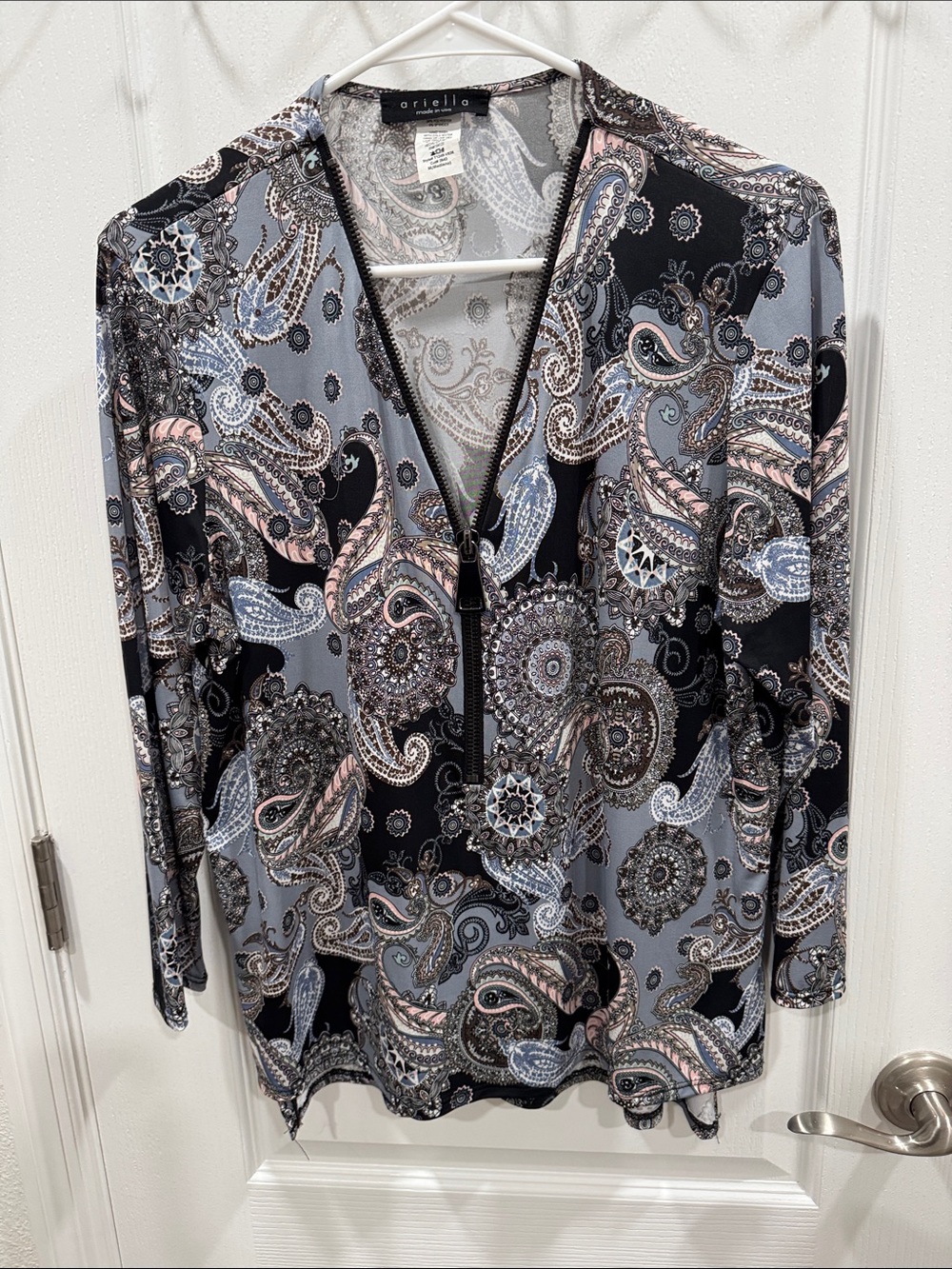 Ariella Paisley Zip-Front Tunic in Grey, Black & Pink Accents